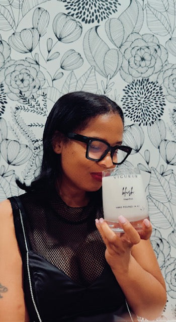 Vigueur Fragrances Blush soy candle with grapefruit, red currant, and fruity/citrus notes in a clear glass jar