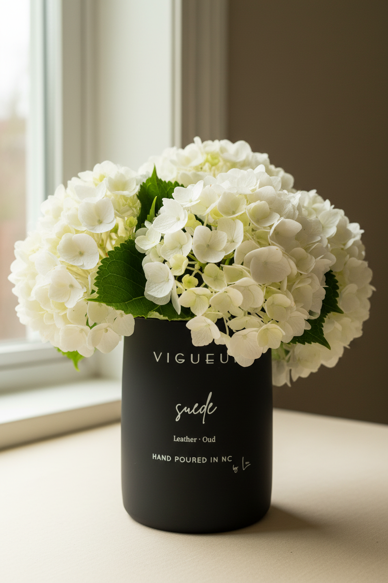 suede — white hydrangeas with green leaves