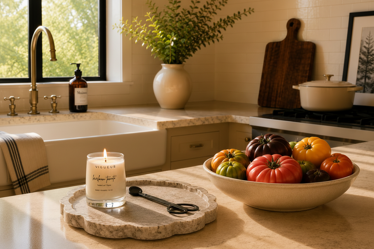 Vigueur candle and trimmer placed on tray in kitchen composition